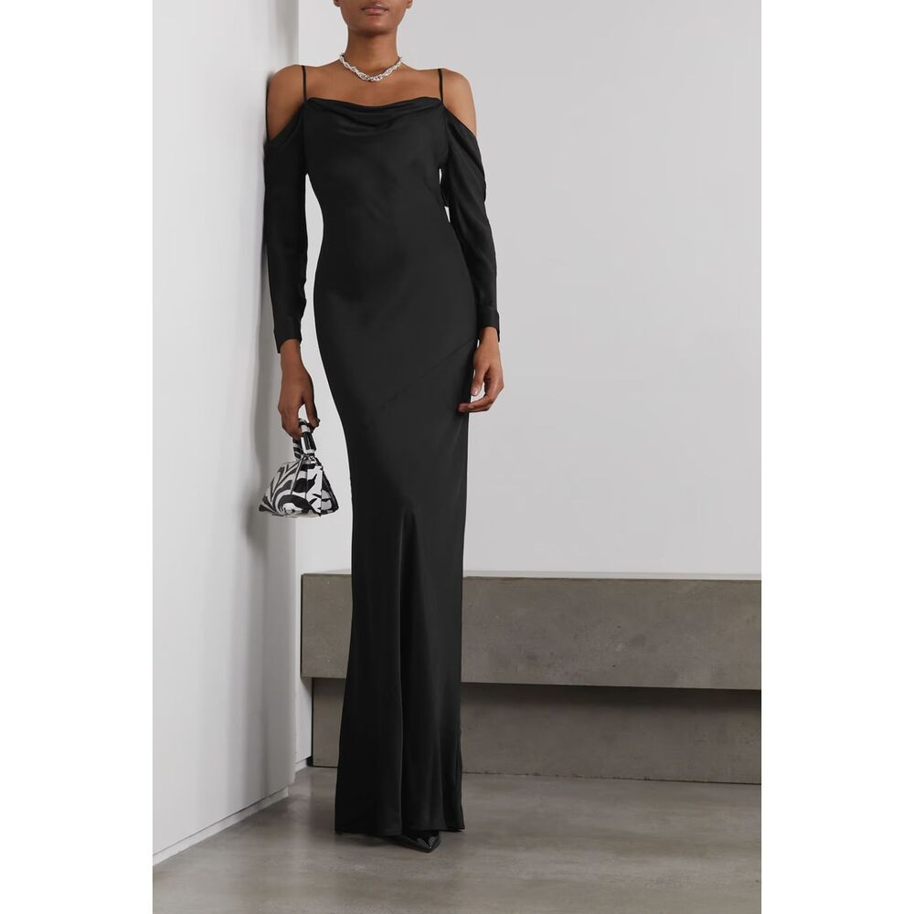 L'AGENCE Juniper Cold Shoulder‎ Satin Maxi Dress Black Sz 2